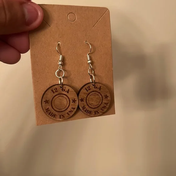 Handmade 12 GA USA Engraved Wooden Dangle Earrings Rustic Western Bullet Style - Picture 3 of 9